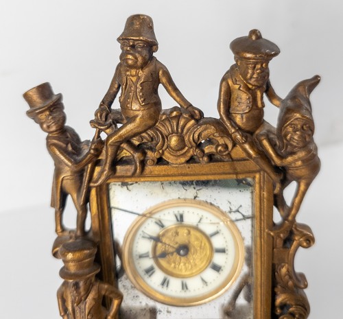 Antique Bronzed Metal Table Clock with Palmer-Cox Brownies Whimsical Pocket Watc - Picture 5 of 12