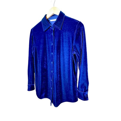 Soft surroundings, long sleeve, navy blue, button-down, collared velvet shirt XS - Picture 1 of 9