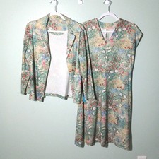 Vintage 70s Dress Jacket Set size Medium 10 12, Handmade Floral Preppy Cottage