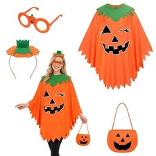 Womens Pumpkin Costumes 4 Piece Set, Glow in the Dark Pumpkin Poncho