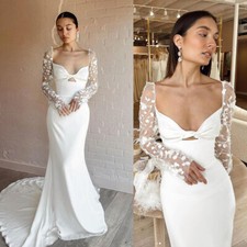 Elegant Satin Wedding Dresses with Lace Long Sleeves Mermiad Bridal Gowns