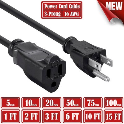 Power Extension Cord Cable 1' 2' 3' 6' 10' 15' 1ft 2ft 3ft 6ft 10ft 15ft [LOT]