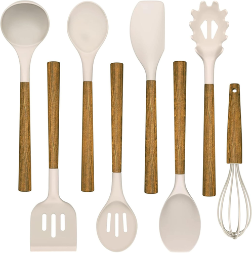 Set di Utensili da Cucina in Silicone, Set di Utensili da Cucina 8 Pezzi con Acacia Naturale W