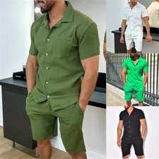 Men's Corduroy Short Sets Outfits 2 Piece Short Sleeve Beach Shirt and Shorts