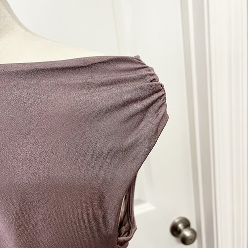 By Anthropologie Asymmetrical Slim Midi Dress- Taupe Purple- Womens SZ Small - Picture 15 of 23