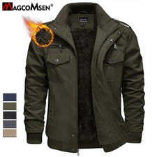 Men's Fleece Lined Jacket Full Zip Cargo Casual Work Coats Outdoor Warm Jackets