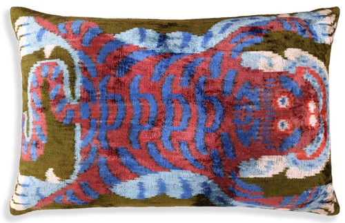 Handmade Silk Velvet Tiger Pillow – 16x24" Luxury Ikat Accent - Picture 2 of 7