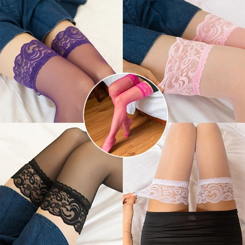 Womens Sheer Lace Top Stay Up Stockings Thigh High Pantyhose Hold-up Tights J1 - Picture 4 of 35