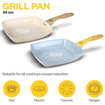 24 cm Antihaft Grillplatte Grill Steakpfanne Holzgriff Aluminiumguss Küche