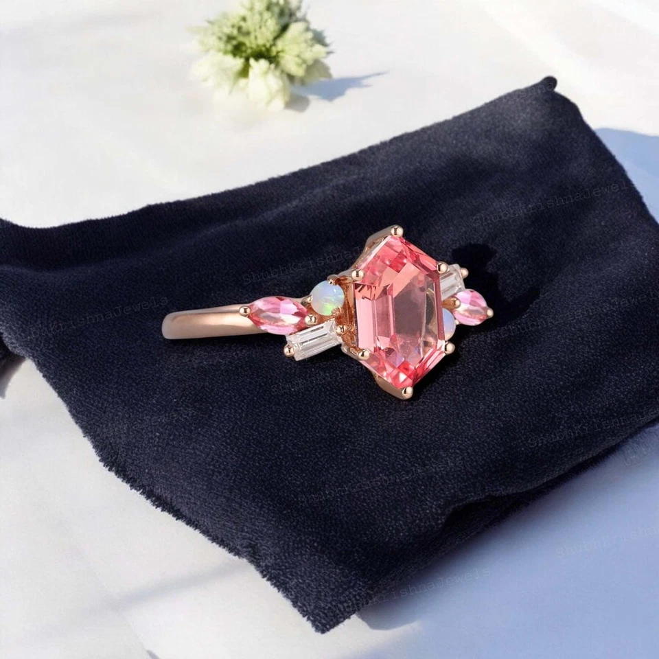 14k Rose Gold  7X5 mm Hexagon Cut Lab Created Padparascha Sapphire Wedding Ring - Image 2 of 4