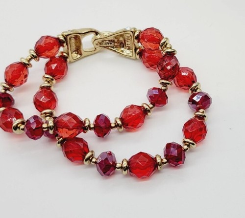 Napier RED faceted double row beaded Bracelet Gold tone STRETCH OSFM - Picture 5 of 6