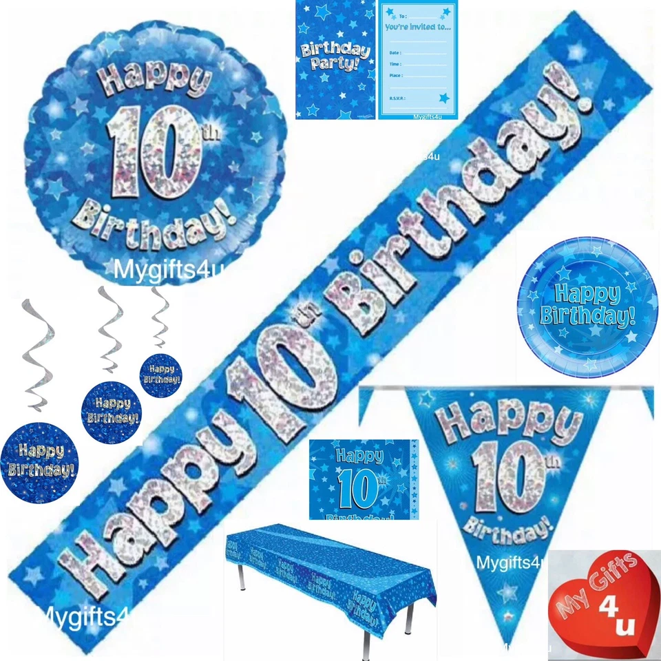 Blue 10th Happy Birthday Party Decorations Buntings Banners Balloons swirls Age