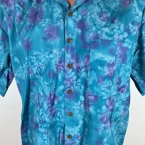 Estampado de hojas azules y moradas vintage años 90 estilo hawaiano neón teñido a mano místico M - Imagen 2 de 7
