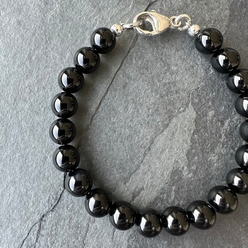 Hermosa pulsera de regalo de 6-8" con cuentas redondas lisas de piedras preciosas de ónix negro de 8 mm - Imagen 5 de 9