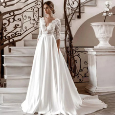 Elegant Satin Wedding Dresses V Neck Half Sleeves Lace A Line White Bridal Gowns