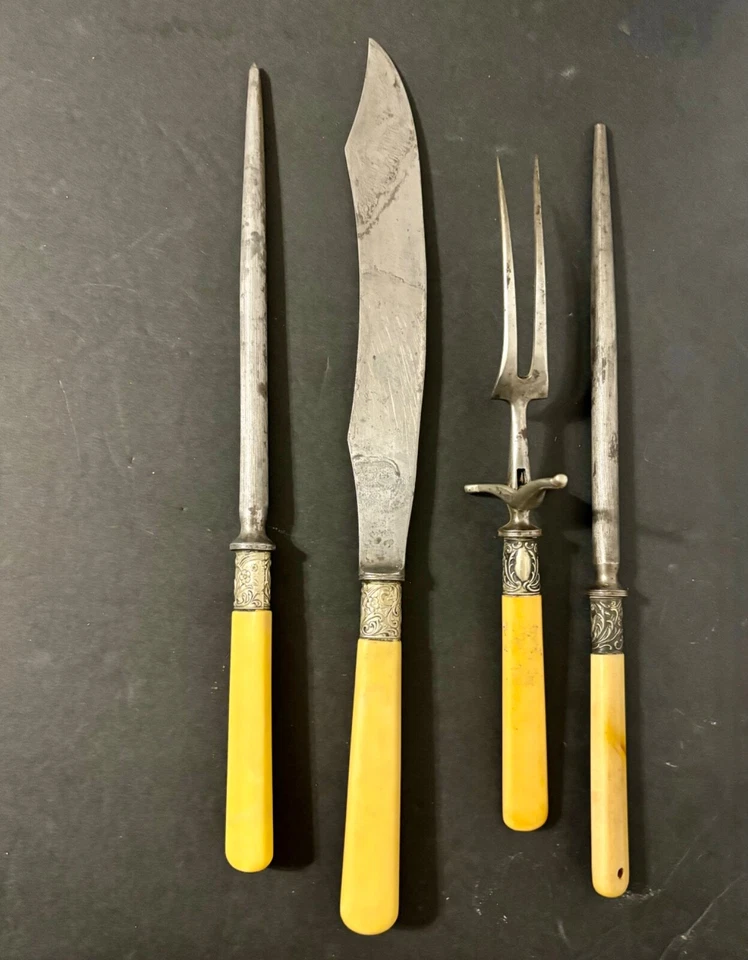 Antiguo juego de talla de 4 piezas de manijas de baquelita de 1800 y banda de ley Foto 2 de 4