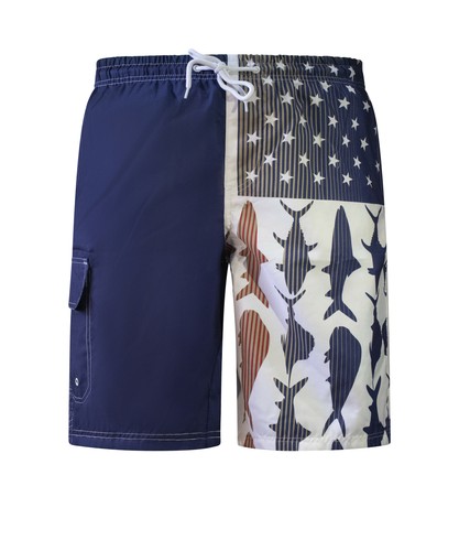 Pantalones cortos de natación de carga con estampado de microfibra de tiburón con bandera americana North 15 para hombre - Imagen 3 de 16