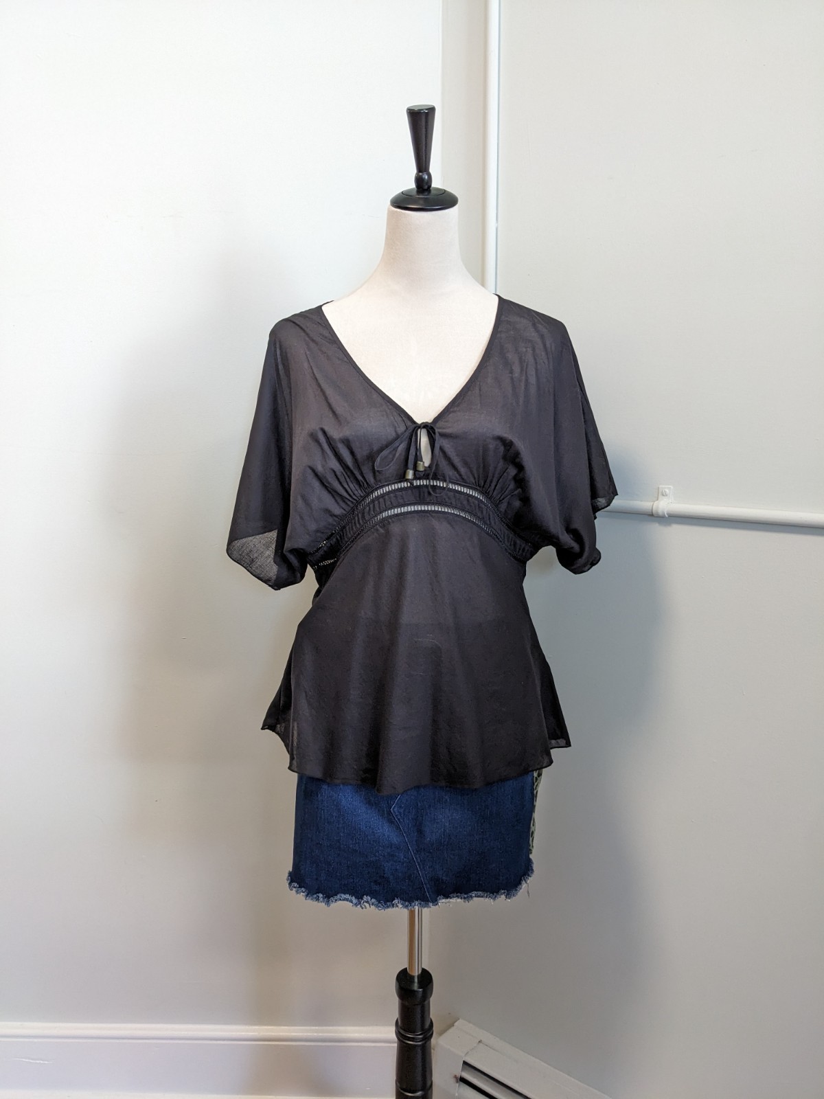 Calvin Klein Black Semi-Sheer Cotton Blouse Minimalist Goth Y2K Top
