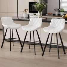Set of 3 Counter Height Bar Stools 26" Low Back and Footrest for Kitchen White