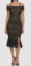 GUESS Women's Black Lace Off-The-Shoulder Midi Dress Size 0