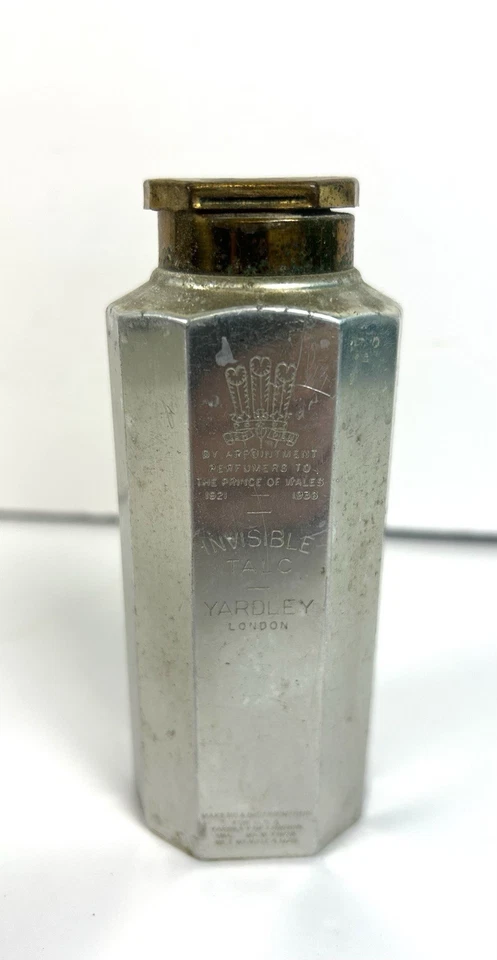 Talco invisible Yardley vintage para hombres en botella coctelera de metal en polvo plata 4 oz Foto 2 de 4