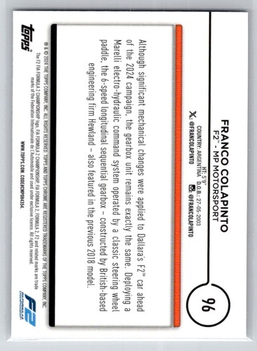 Franco Colapinto 2024 Topps Cromo Fórmula 1 #96 Base MP Motorsport - Imagen 2 de 2
