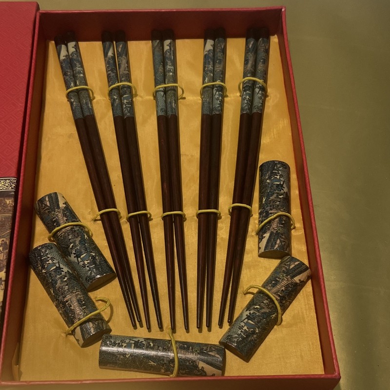 10pc Reusable Wood Chopsticks Set w/ Holders, Service for 5, 10 in, Box