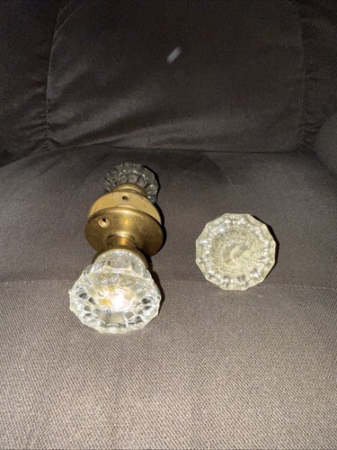 Vintage Paar 12-Punkt Klar Kristallglas & Messing Türklinken auf Spindel + 1 - Bild 1 von 11