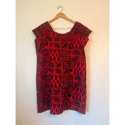NWOT 2X Red & Black Polynesian Tribal Tapa Print Smocked Cap Sleeve Dress