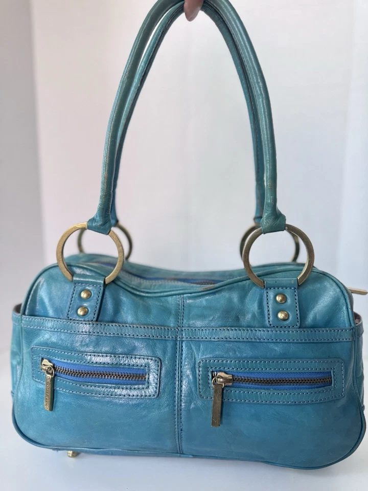 Bolso Cartera Hobo de Hombro Cuero Envejecido Verde Azulado Charles David De Colección Años 90 Y2K Foto 4 de 4