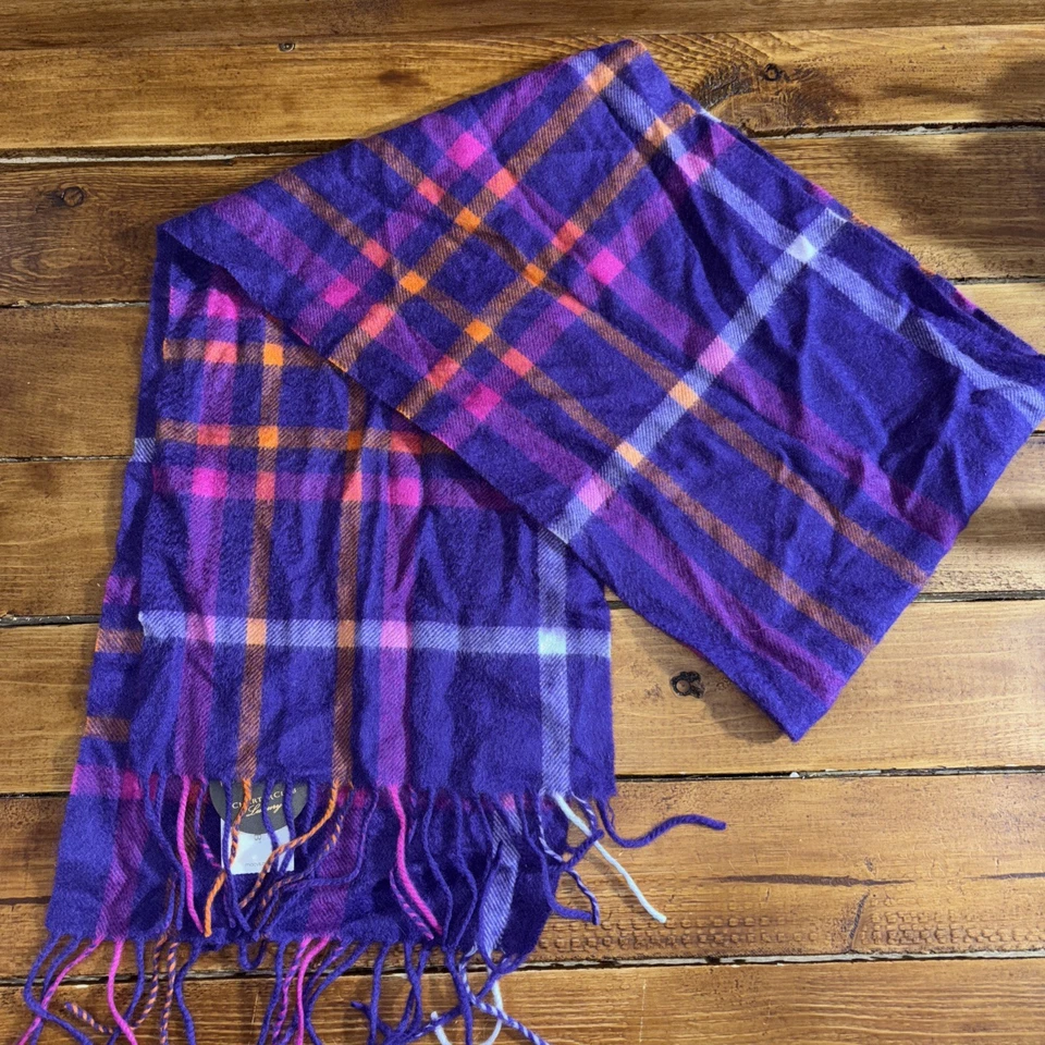 CHARTER CLUB Lujo 100% Cachemira Bufanda Púrpura Rosa Cuadros Diseñador 63x10 NUEVO Foto 2 de 4