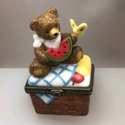 August Birthday Picnic Teddy Bear Trinket Box Retired Midwest Of Cannon Falls
