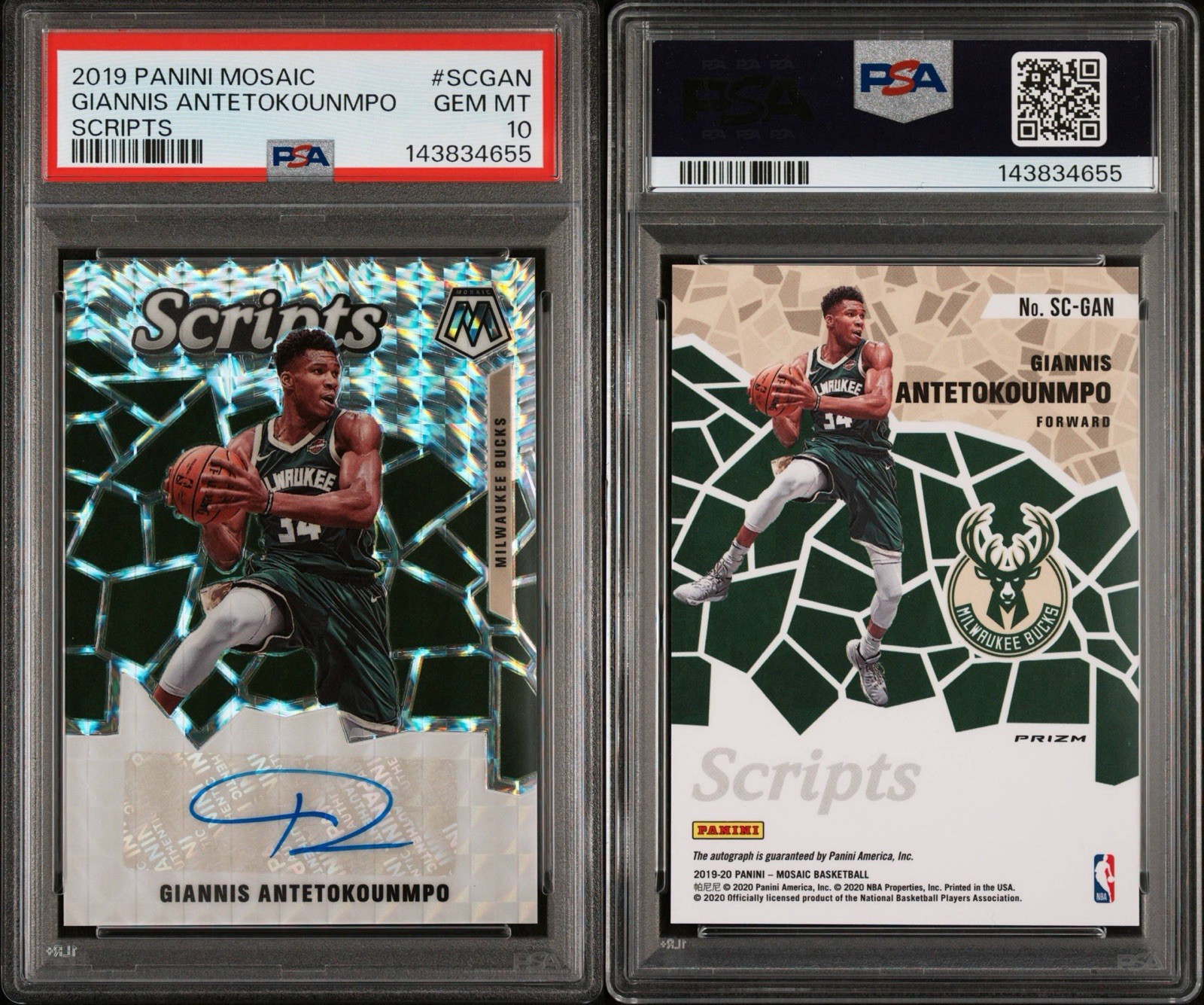 2019-20 Panini Mosaic Giannis Antetokounmpo #SC-GAN (AU) Psa 10 Autograph rare view 3