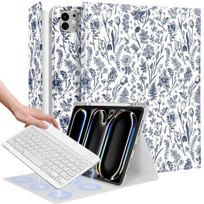 IPad Pro 13 Inch Floral Case With Keyboard M4 - Pencil Holder Folio Kawaii Blue