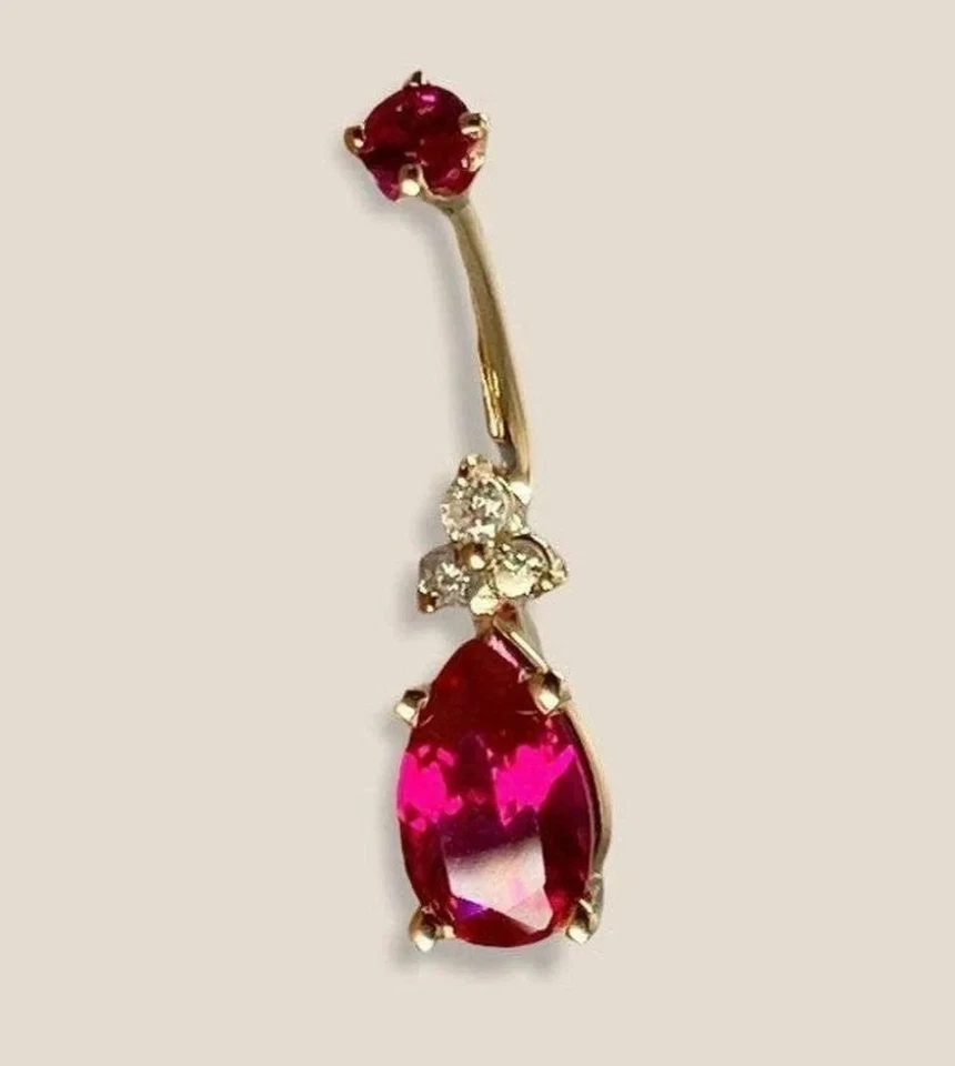 2Ct Pear Lab-Created Ruby Diamond Women Belly Button Ring 14K Yellow Gold Plated - Image 2 of 4
