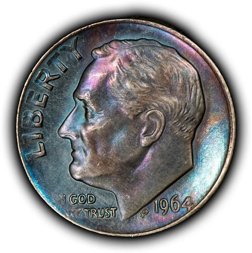 1964 10c Roosevelt Silver Dime - Colorful Toning - BU - SKU-Z6487