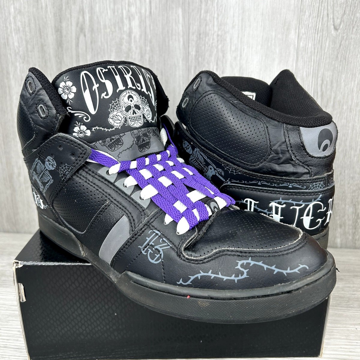 Osiris NYC 83 Lucky 13 Black White Sz 13 Skull Skater Y2K