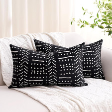Decorative Throw Pillow Covers White Boho Lumbar 20" x 12" Pack of 2 Black