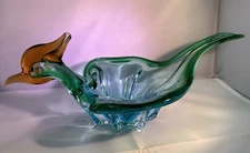 Vintage MCM Handblown Murano Style Road Runner Peacock Art Glass Bowl 13.5” X 7”