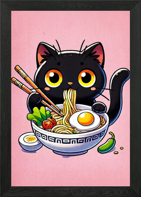 Cartoon Cat Eating Ramen Illustrati Framed Wall Art Poster Canvas Print Picture