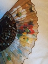 Vintage Folding Hand Fan Sewn Threads Floral Design Plastic Handled 9" Oriental