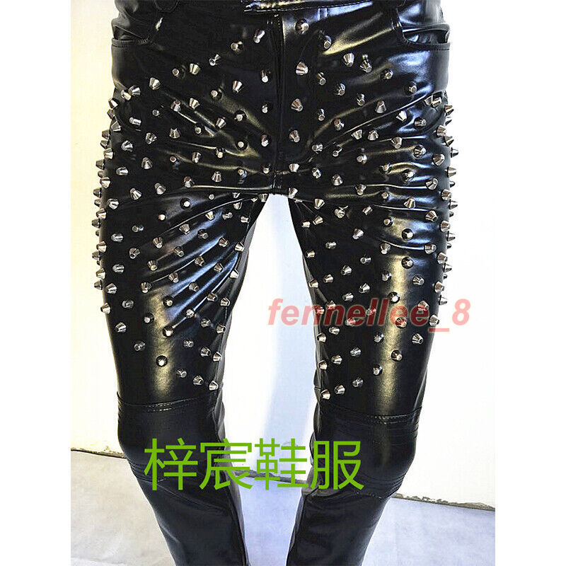 【COLOR iN ID】Bohemian Studded Black Pants Mens PU Leather Cone Studded Pants Punk Rock Trousers Stage