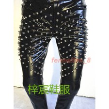 Mens PU Leather Cone Studded Pants Punk Rock Trousers Stage Costume Nightclub