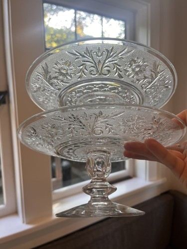 Indiana Glass Tiara 9” Two-Tier Cake Pedestal Stand Clear Pressed Sandwich Glass - Picture 23 of 24