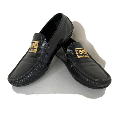 Roberto Cavalli Class Black Croc Embossed Leather Loafers Mocs Men