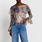 Blusa Romántica Transparente Floral Volantes Top Boho Hada Cottagecore Hombro Descubierto EE. UU. 4