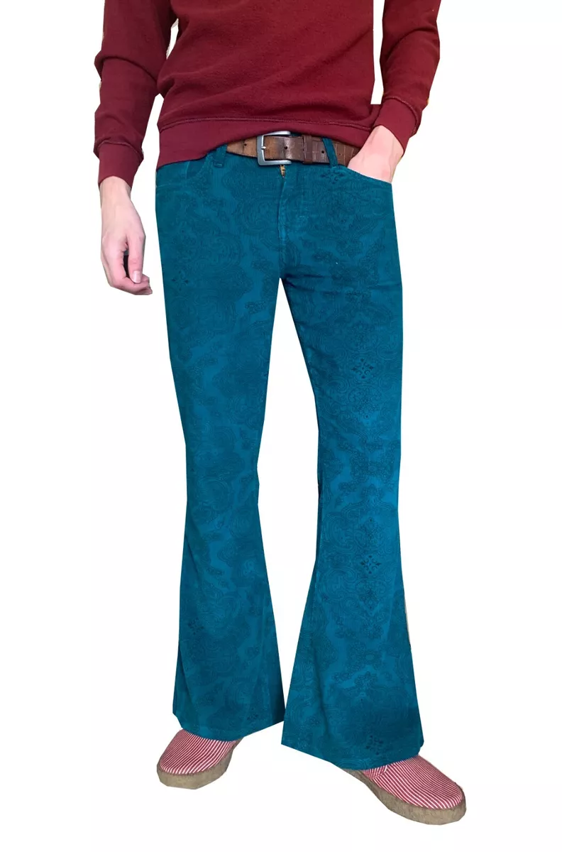 FLARES Turquoise Paisley Mens Bell Bottoms Corduroy Pants vtg Hippy  trousers 60s