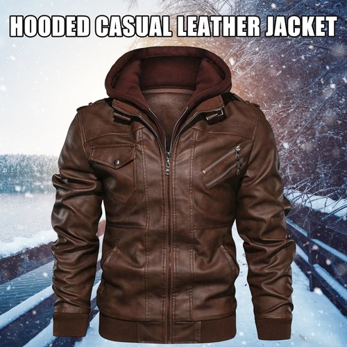 Windproof Mens Hooded Leather Jacket Autumn Casual Slim Fit Zip Up Coat Winter - Picture 3 of 13