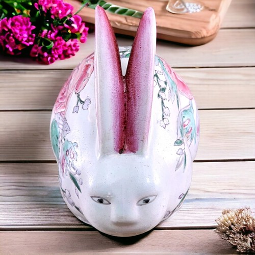 VTG Tobacco Leaf Porcelain Animal Figurine Pink Rabbit Chinoiserie Bunny Floral - Picture 6 of 9