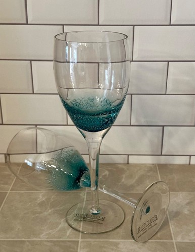 2 Vintage Roscher & Co. Clear/Teal Bubble Glass Wine Glasses 9.75” - Picture 6 of 8